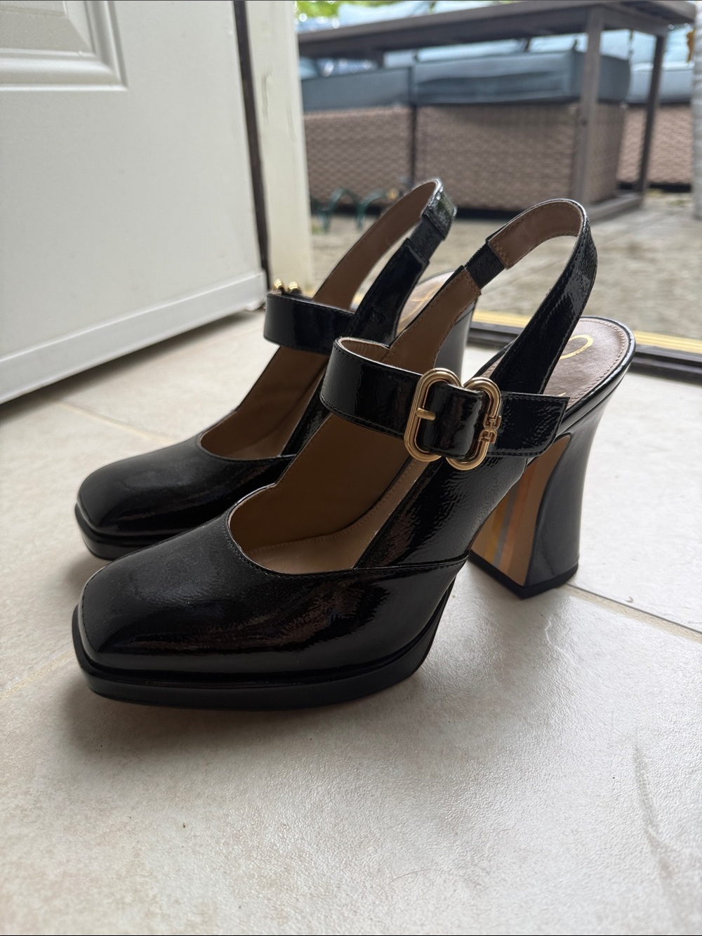 Sam Edelman Black Patent Mary Jane Slingback Heels with Gold Buckle